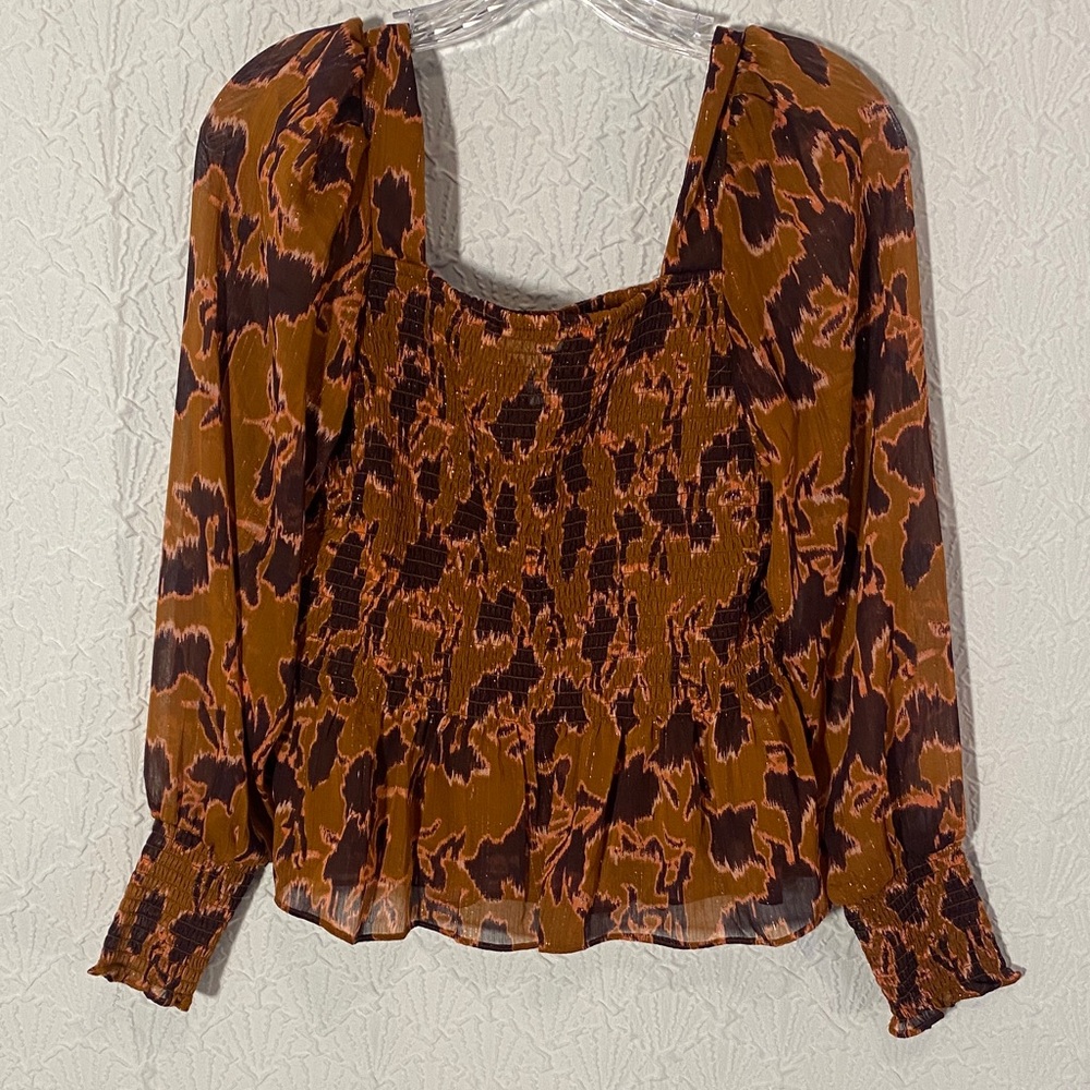 Nine West Brown Rust & Pink Smocked Peasant Blouse Playful Romantic Hippie Chic